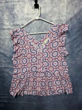 Loft Large Boho Peplum Blouse Womens Pink Purple Geometric Flutter Sleeve Top